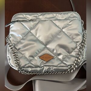MZ Wallace Madison Crossbody Quilted Silver Frost Crossbody Bag with Chain Strap